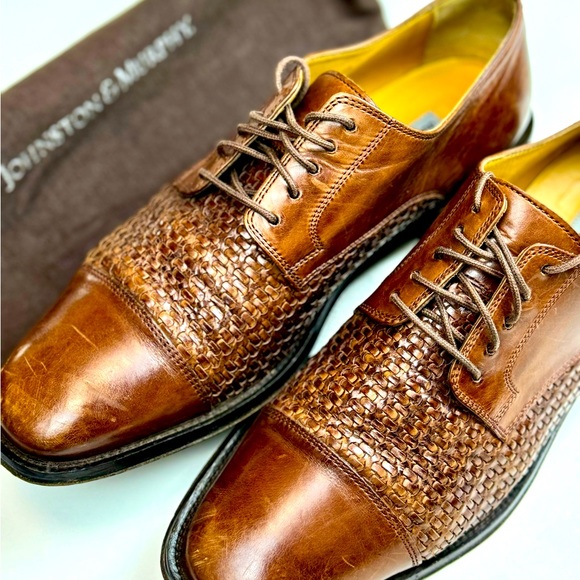 Johnston & Murphy | Woven Leather Brown | Men’s 9 M | Round Toe Oxfords - Picture 4 of 9